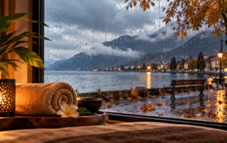 Spa chaleureux face au lac sous la pluie